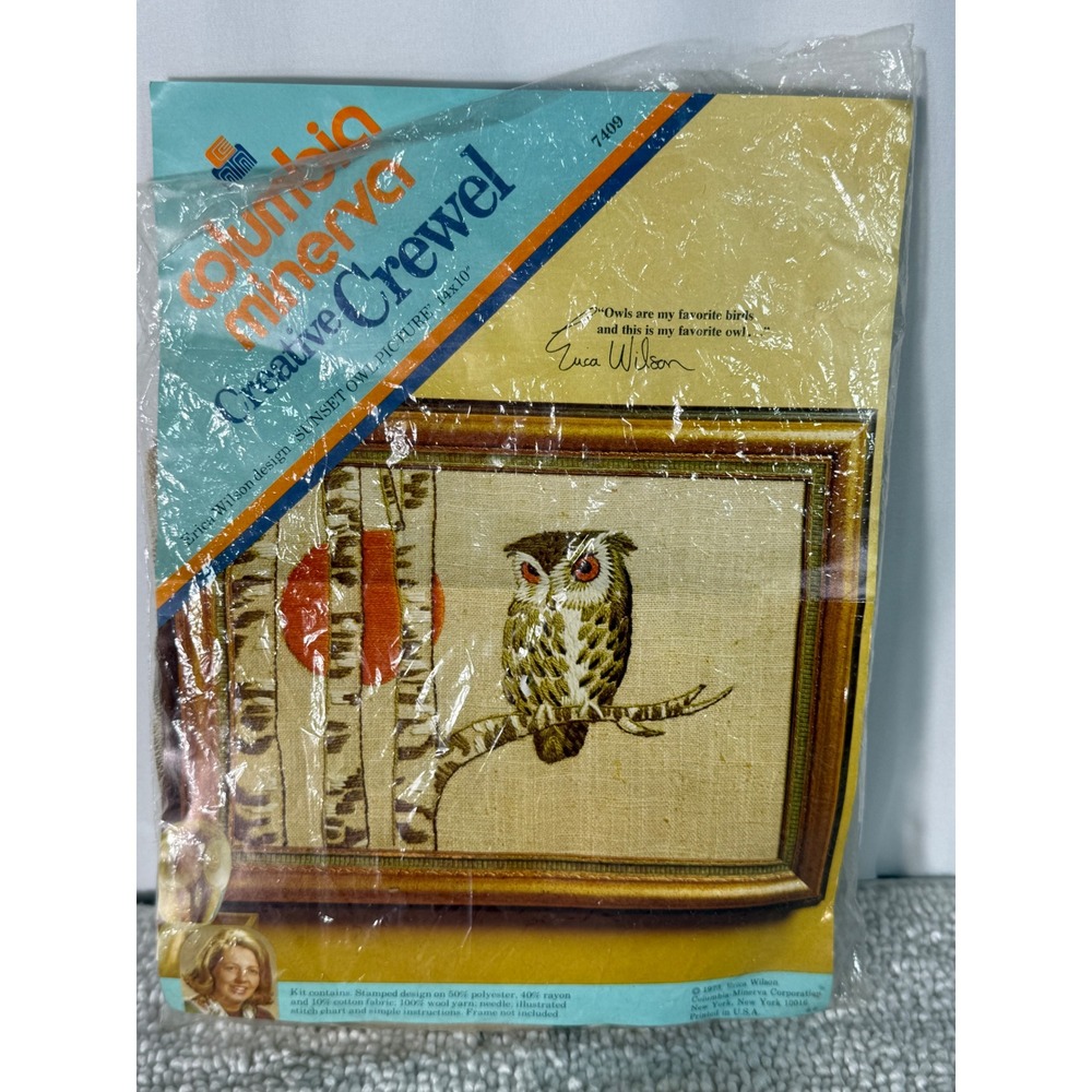 Vintage 1973 Erica Wilson Columbia Minerva Sunset Owl Crewel Embroidery Kit 7409